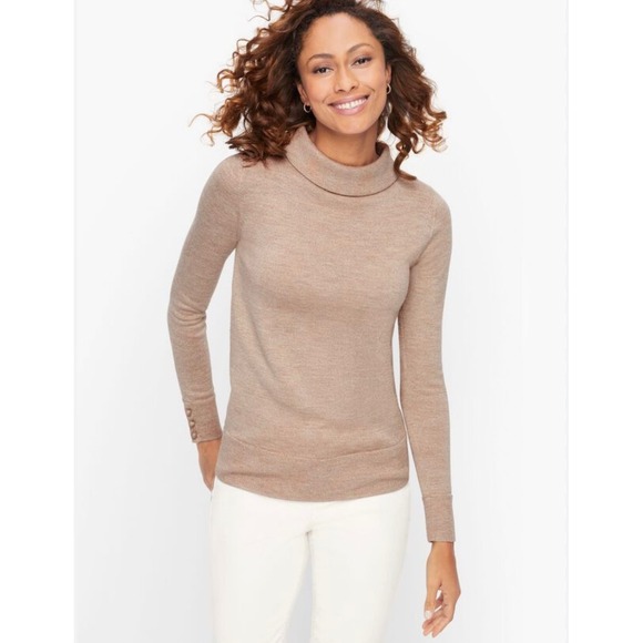 Talbots Sweaters - Talbots Plus Womens Sweater Merino Cowl
Neck‎ Button Cuff Metallic Knit Beige 2X